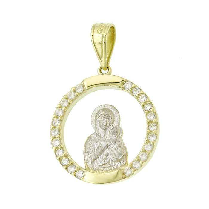 14K two-tone Virgin Mary pendant with zircon stones