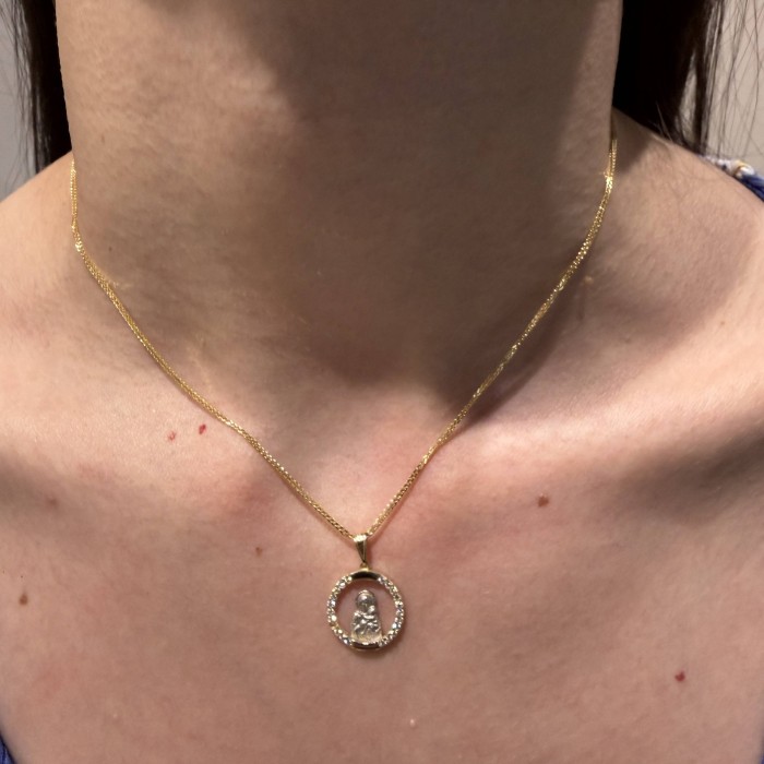 14K two-tone Virgin Mary pendant with zircon stones