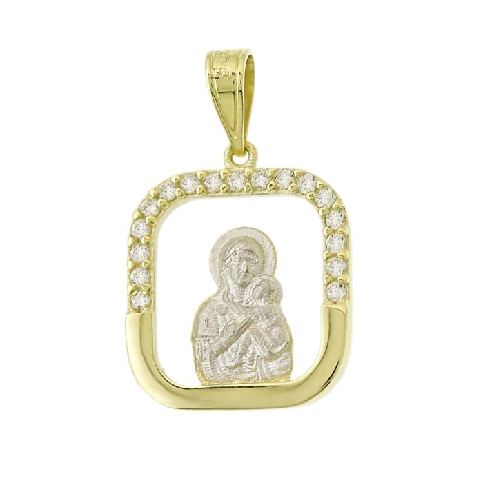 14K two-tone Virgin Mary pendant with zircon stones