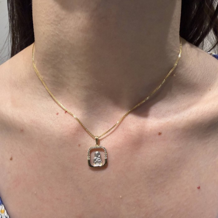 14K two-tone Virgin Mary pendant with zircon stones