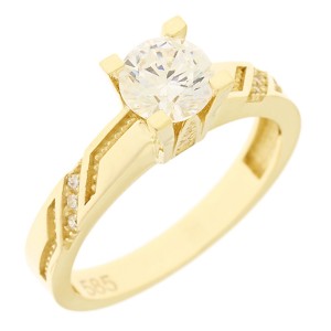 14K gold ring with central zircon and side stones