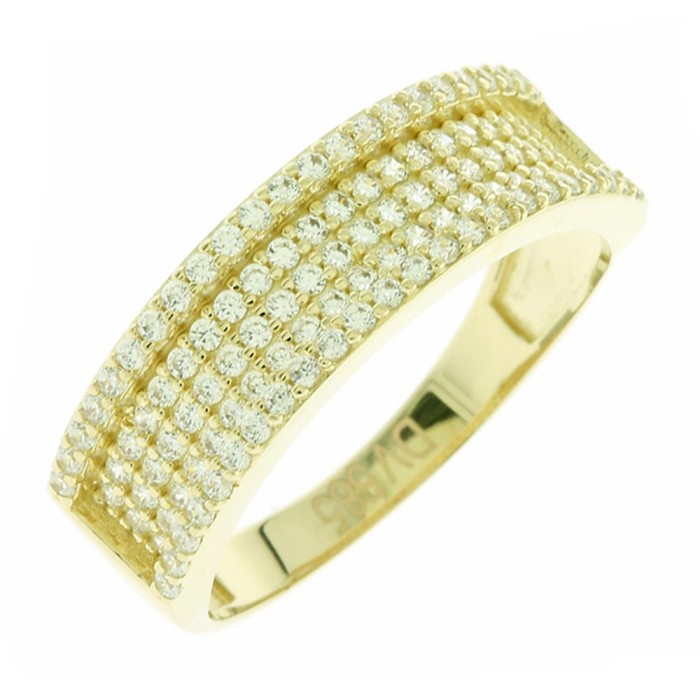 14K gold ring with multiple zircon stones in a wide band design