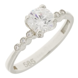 14K white gold ring with central zircon and side stones