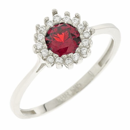 14K white gold ring with red zircon and surrounding stones