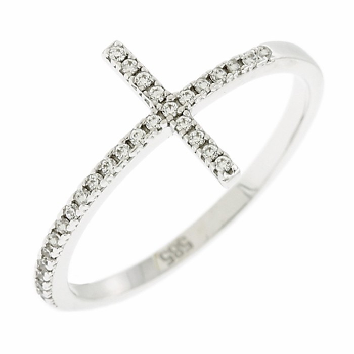 Λευκόχρυσο δαχτυλίδι Κ14 με ζιργκόν σε σχέδιο σταυρού