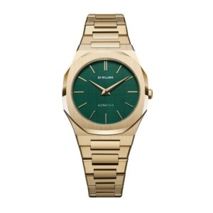 D1 Milano ultrathin watch with green dial and gold tone stainless steel bracelet