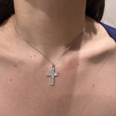 14K white gold double sided cross zircon necklace