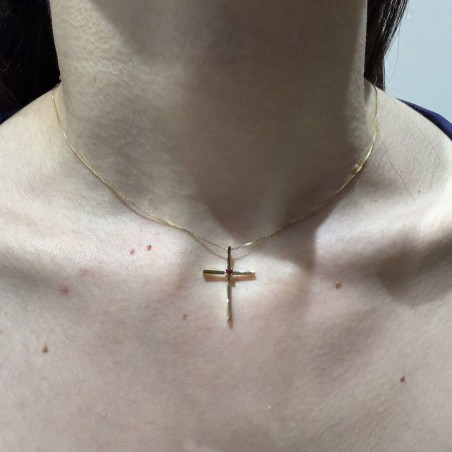 14K gold cross necklace with zircon stone