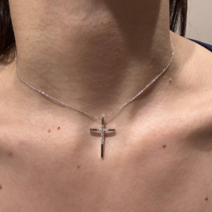 14K white gold cross necklace with zircon stones