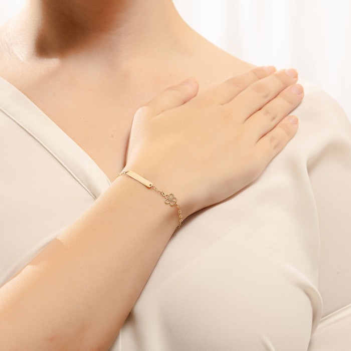 14K gold ID bracelet with flower motif