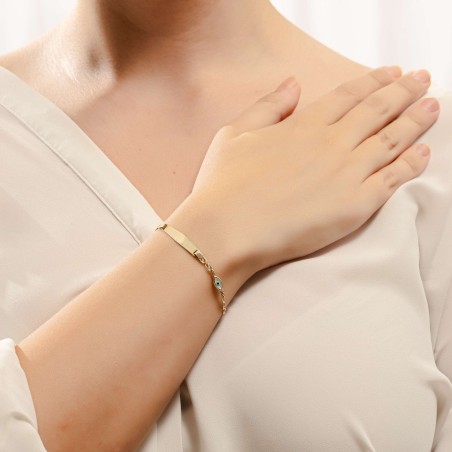 14K gold ID bracelet with evil eye charm