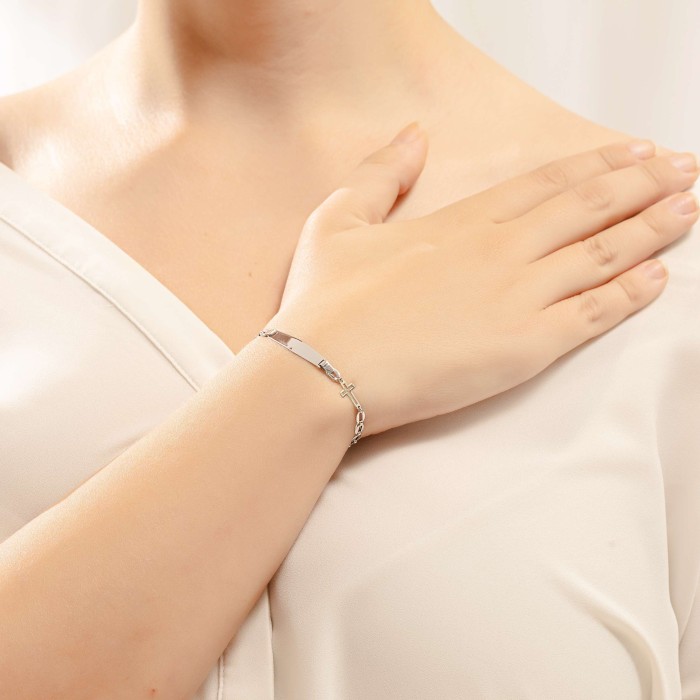 14K white gold ID bracelet with cross motif