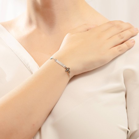 14K white gold baby ID bracelet with cross motif and evil eye charm