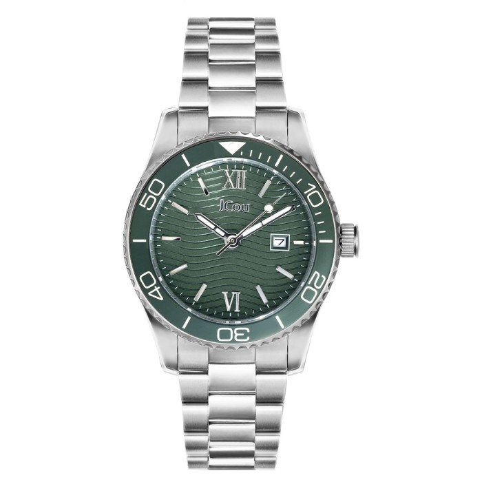 Stainless steel watch with green dial and matching bezel