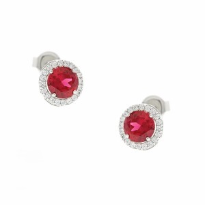 Λευκόχρυσα σκουλαρίκια καρφωτά Κ14 με κόκκινη πέτρα και ζιργκόν