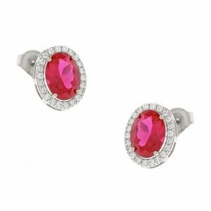 14K white gold stud earrings with red stone and zircon details