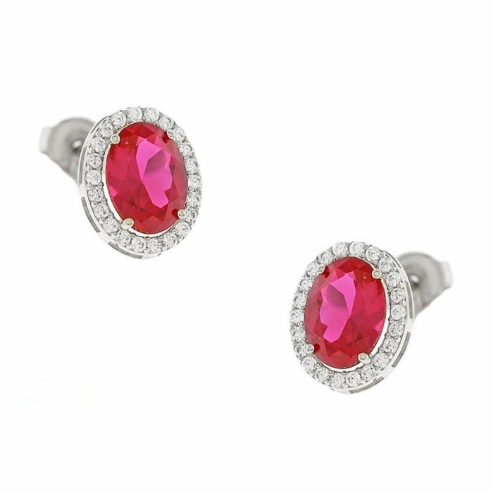 14K white gold stud earrings with red stone and zircon details