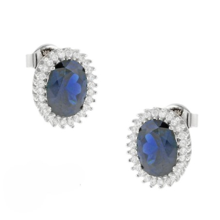 Λευκόχρυσα σκουλαρίκια καρφωτά Κ14 οβάλ με μπλε πέτρα και ζιργκόν