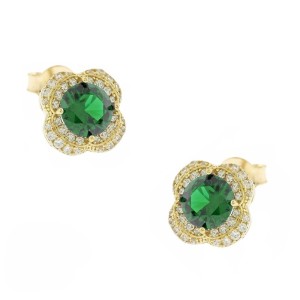 14K gold stud earrings with green stone and zircon details