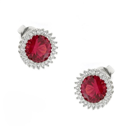 14K white gold stud earrings with red stone and zircon details