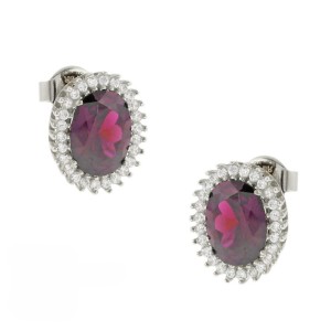 Λευκόχρυσα σκουλαρίκια καρφωτά Κ14 οβάλ με κόκκινη πέτρα και ζιργκόν