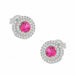 Λευκόχρυσα σκουλαρίκια καρφωτά Κ14 με κόκκινη πέτρα και ζιργκόν