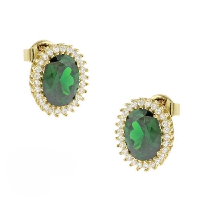 Χρυσά σκουλαρίκια καρφωτά Κ14 με πράσινη πέτρα και ζιργκόν