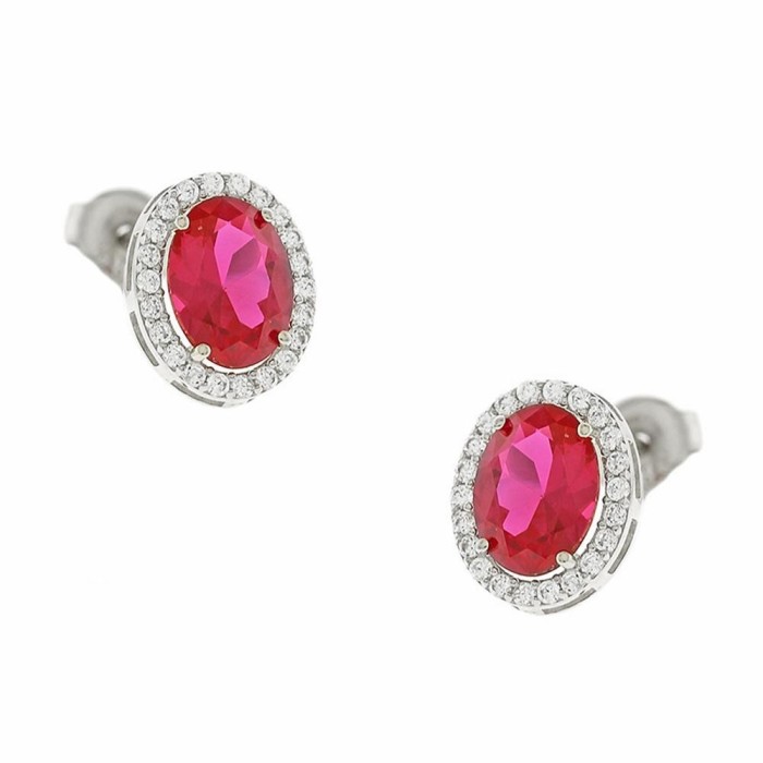 14K white gold stud earrings with red stone and zircon details