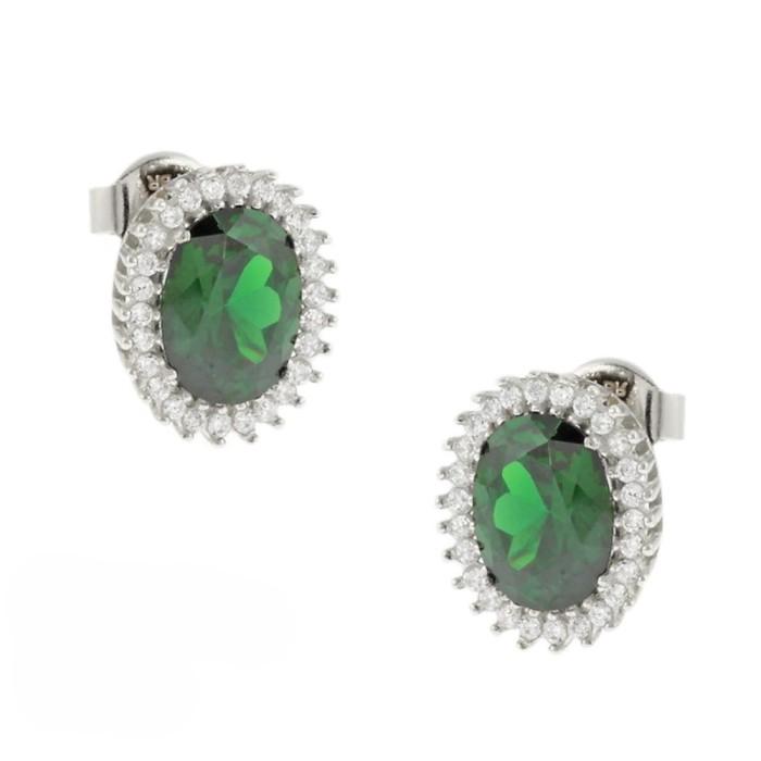 Λευκόχρυσα σκουλαρίκια καρφωτά Κ14 με πράσινη πέτρα και ζιργκόν