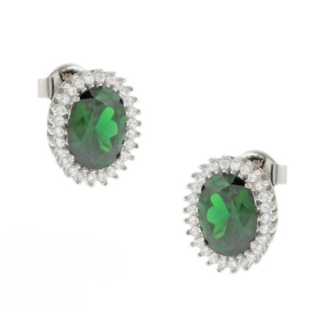 Λευκόχρυσα σκουλαρίκια καρφωτά Κ14 με πράσινη πέτρα και ζιργκόν