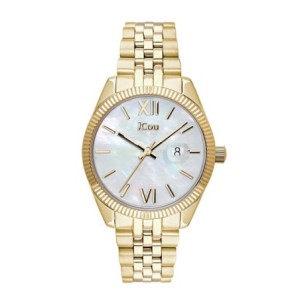 JCou watch with gold-tone stainless steel bracelet and mother-of-pearl dial with Roman numerals