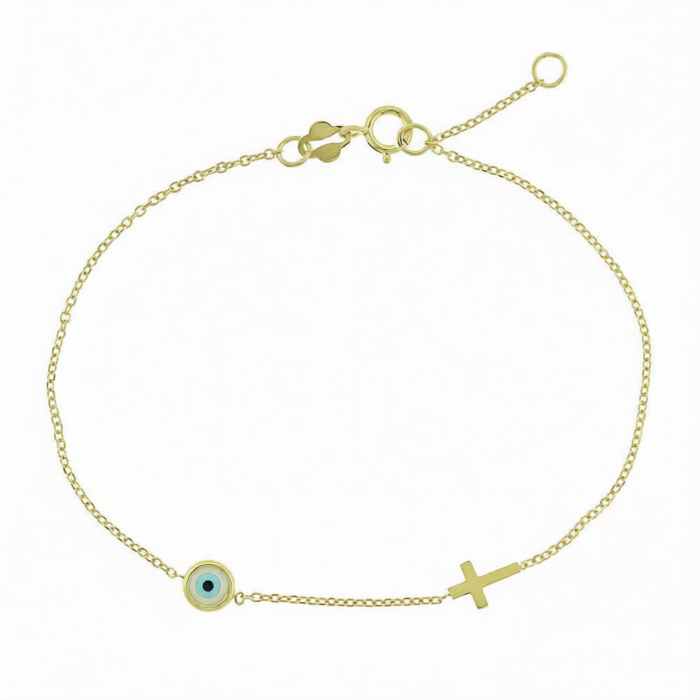 14K Cross Evil Eye Bracelet