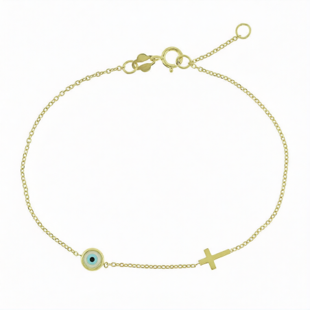 14K Cross Evil Eye Bracelet
