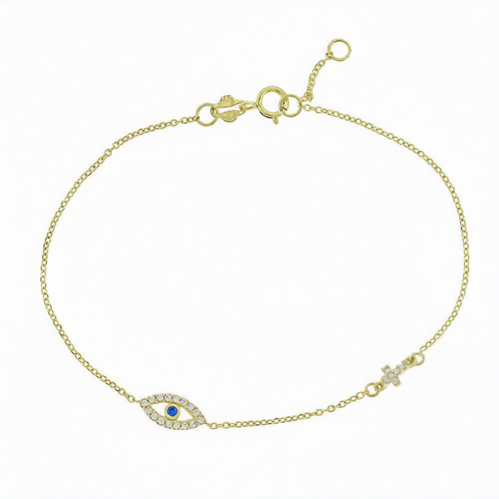 14K Cross Evil Eye Bracelet