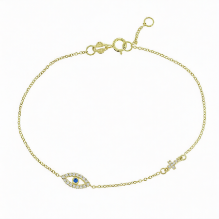 14K Cross Evil Eye Bracelet