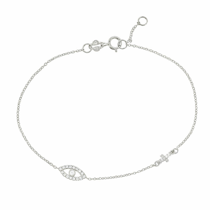 14K Cross Evil Eye Bracelet