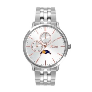 Ρολόι JCou με λευκό καντράν, multifunction ένδειξη και ασημί μεταλλικό μπρασελέ