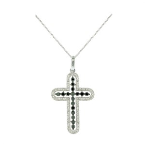 18K White Gold Cross Necklace with Black and White Diamonds
