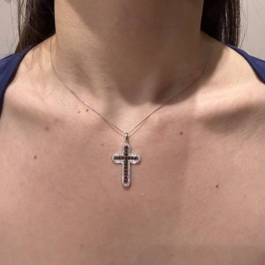 18K White Gold Cross Necklace with Black and White Diamonds