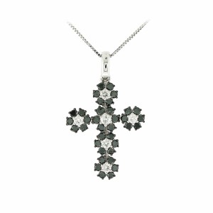 18K White Gold Cross Necklace with Black and White Diamonds