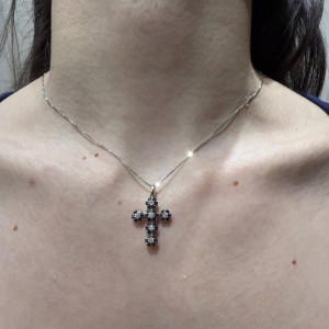 18K White Gold Cross Necklace with Black and White Diamonds