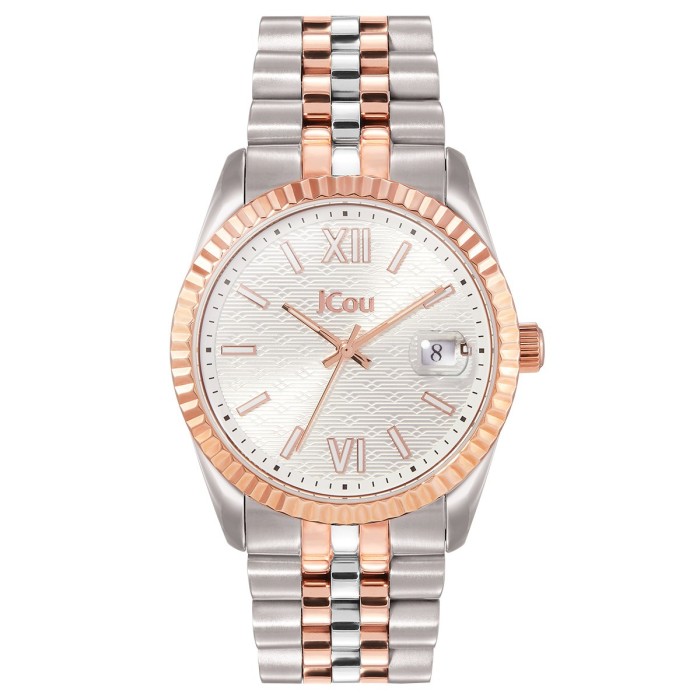 JCou watch with two-tone bracelet and white textured dial