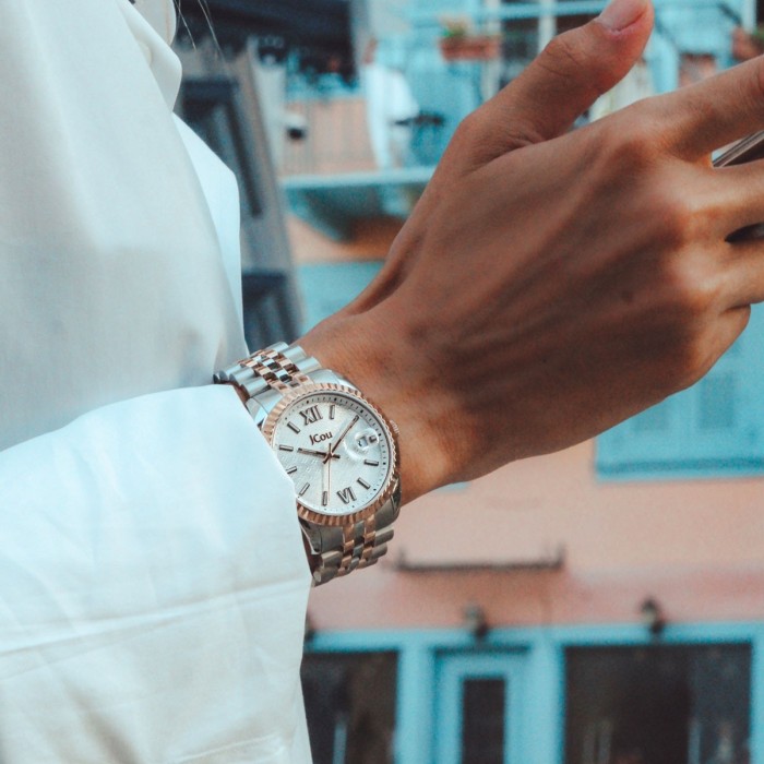 JCou watch with two-tone bracelet and white textured dial