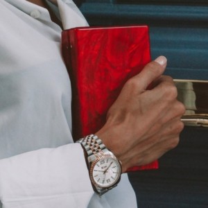 JCou watch with two-tone bracelet and white textured dial