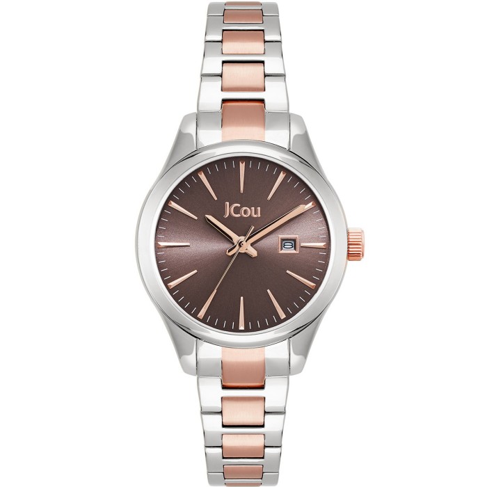 JCou watch with brown dial and two-tone silver and rose gold bracelet