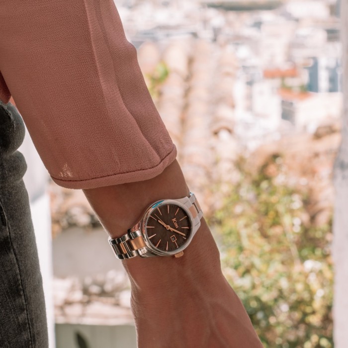 JCou watch with brown dial and two-tone silver and rose gold bracelet