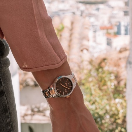 JCou watch with brown dial and two-tone silver and rose gold bracelet