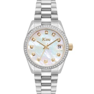 JCou watch with mother-of-pearl dial, crystal bezel and silver metal bracelet