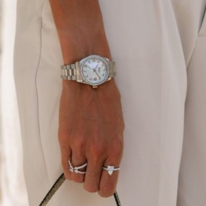 JCou watch with mother-of-pearl dial, crystal bezel and silver metal bracelet