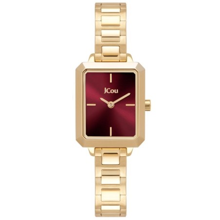 JCou watch with burgundy dial and gold metal bracelet